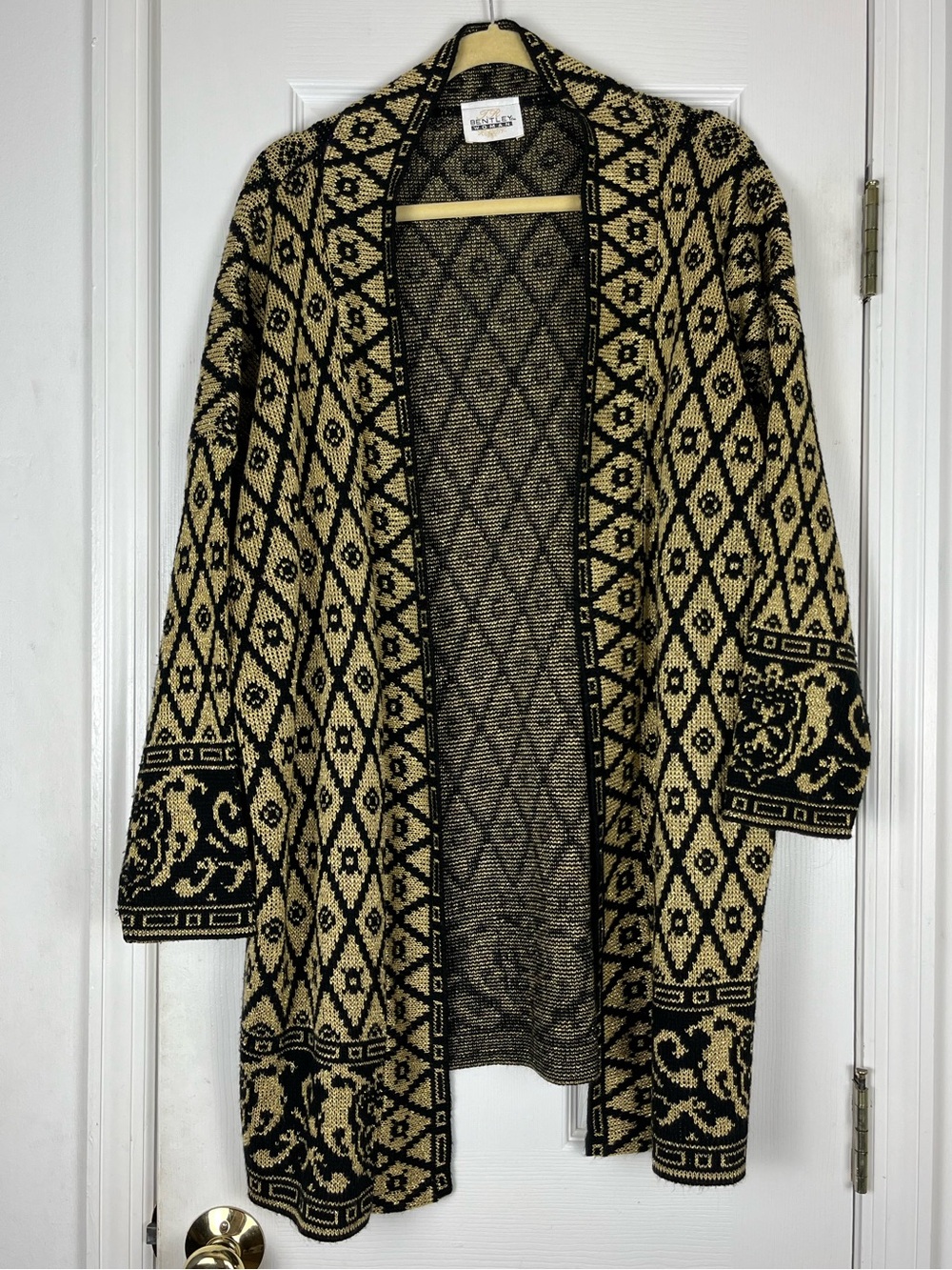 Vintage TR Bentley Woman Long Cardigan Sweater Open Front Metallic Gold Black